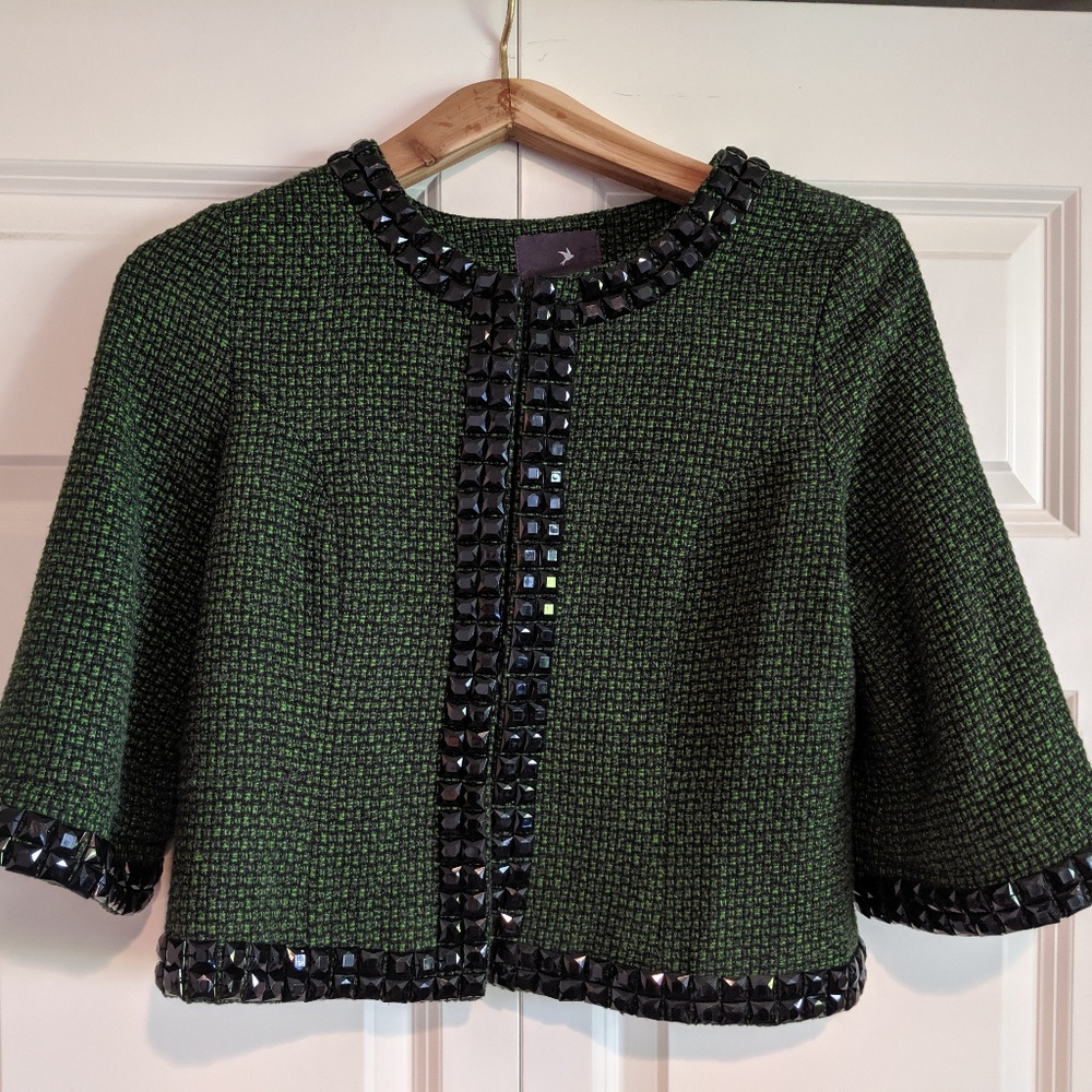 Dark green tweed crop jacket with black beads